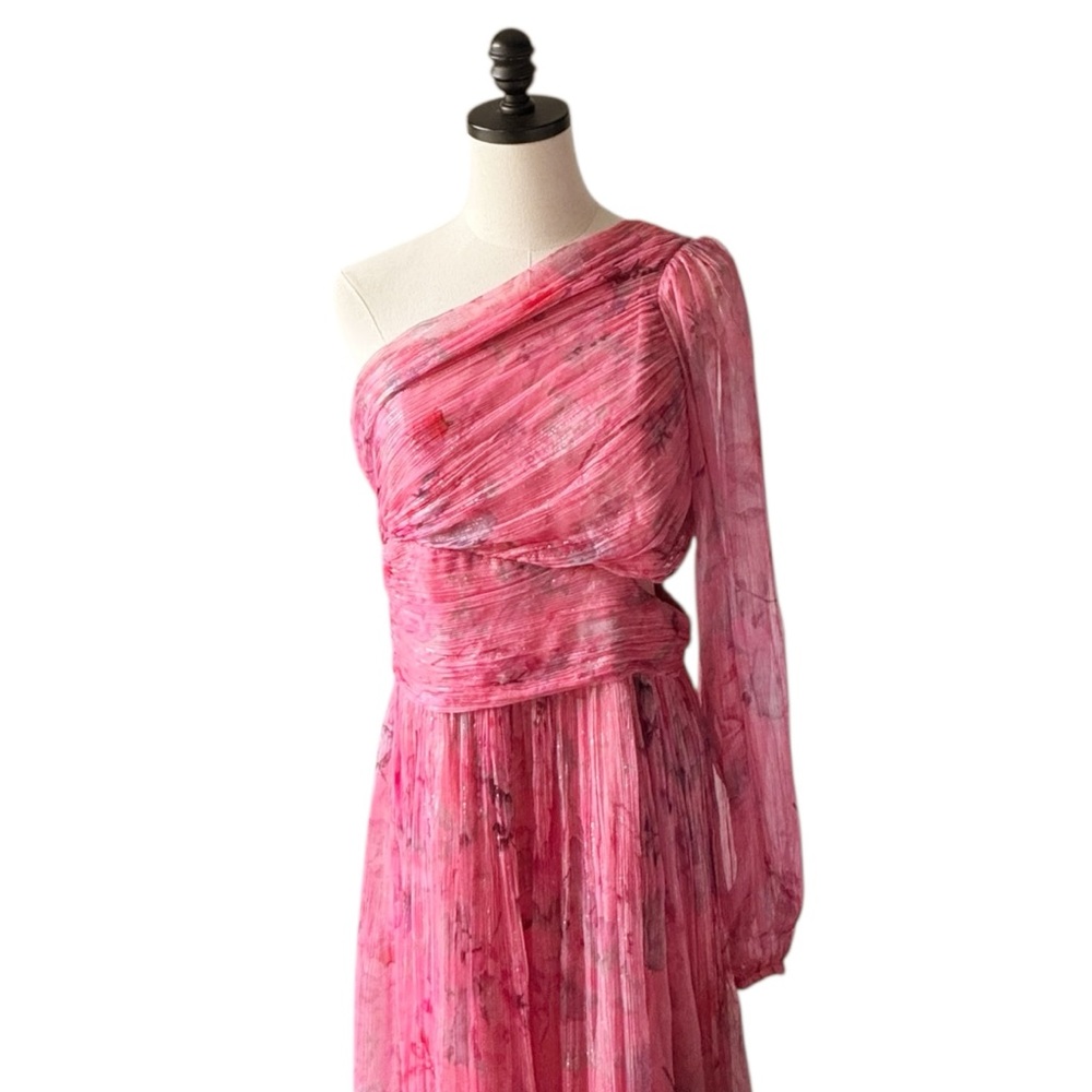 BHLDN Anthropologie Iris One Shoulder Cutout Printed Chiffon Maxi Gown | MEDIUM - Picture 4 of 15